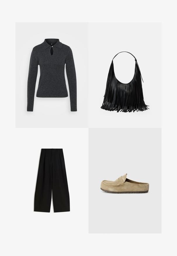 Maglione lavorato a maglia grigio scuro con colletto, maniche lunghe e apertura a forma di chiave nella scollatura, con un piccolo dettaglio a pulsante.; Pantaloni neri a gamba larga realizzati in tessuto liscio, con vita alta, pieghe frontali e senza decorazioni visibili o fantasie.; Birkenstock NAPLES WRAPPED LEVE TAUPEN - REGULAR - Ciabattine - taupe; Borsa in pelle nera con dettagli frangiati, forma curva e una singola tracolla. Tessuto liscio con un design complessivo minimalista.