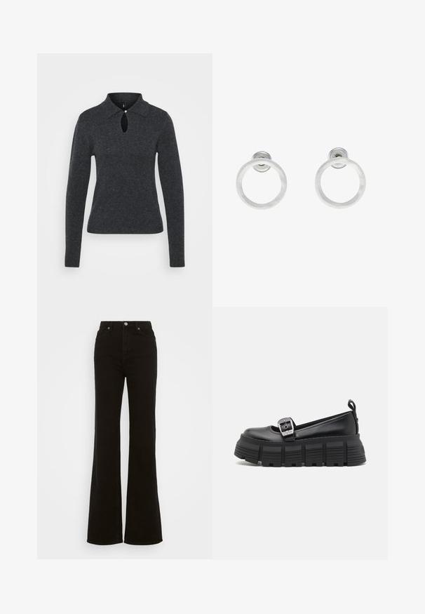 Tmavo sivý pletený sveter s golierom, dlhými rukávmi a otvorom v oblasti krku, ktorý má malý detail s gombíkom.; Čierne riflové nohavice s vysokým pásom a rozšírenými nohavicami, s gombíkovým zapínaním, bočnými vreckami a hladkou textúrou.; Čierne platformové mokasíny s okrúhlou špičkou, hladkým koženým vrchom, nastaviteľným prackovým zapínaním a textúrovanou gumovou podrážkou s horizontálnymi drážkami.; Strieborné kovové náušnice vo forme kruhov s brúsenou textúrou, so zaobleným dizajnom a priehľadným zarážkou pre bezpečné nosenie.