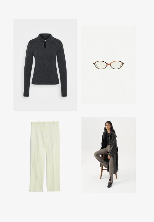 Tmavě šedý pletený svetr s límečkem, dlouhými rukávy a otvorem ve tvaru klíče na výstřihu, se zdobením v podobě malého knoflíku.; Krémové rafinované kalhoty se střihovými nohavicemi, s plochým předním dílem, poutky na opasek a hladkým povrchem.; Černý kožený trenčkota s knoflíky a detailem pásku, kombinovaný s světle hnědými úzkými kalhotami a černými mokasínami, sedící na dřevěném stoličce.; Želvovinové brýle s oválnými čočkami a hladkým, jemným povrchem. Má tenké bočnice s jemným zakřivením v chrámcích. Čiré čočky.