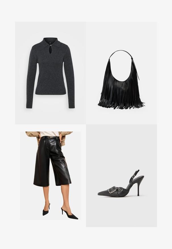 Mörkgrå stickad tröja med krage, långa ärmar och en nyckelhålöppning vid halsringningen, med en liten knappdetalj.; Svart fusk läder culottbyxor med vid benvidd, som har framveck och en hög midja med bälte. Slät textur med en glänsande yta.; Svarta spetsiga stilettklackar med dubbla silverspännen och en ankelrem, visade på en plain vit bakgrund.; Svart läderväska med fransdetaljer, böjd form och ett enskilt axelband. Slät textur med en övergripande minimalistisk design.; Guldtonade örhängen med lång, kaskadformad kedjefrans med rundade toppar, som visar upp en intrikat länkning och en slät yta.