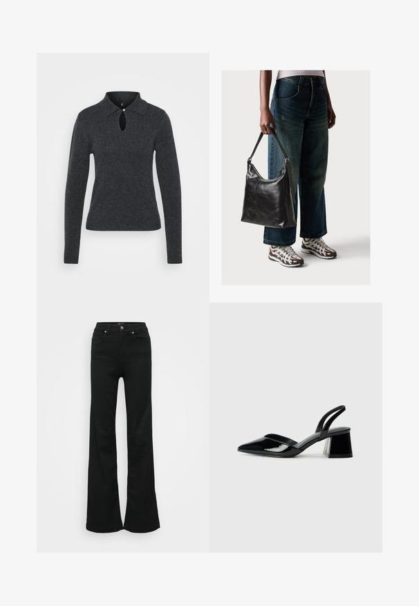 Dark gray knit sweater with a collar, long sleeves, and a keyhole opening at the neckline, featuring a small button detail.; Black flared jeans made from denim, featuring a high waist, five pockets, and metal button closure. Smooth texture with minimal detailing.; Black patent leather slingback heels with a pointed toe and a geometric block heel. Features a sleek, minimal design and smooth texture.; Black leather shoulder bag with a smooth texture and adjustable strap, paired with faded wide-leg jeans and athletic sneakers.