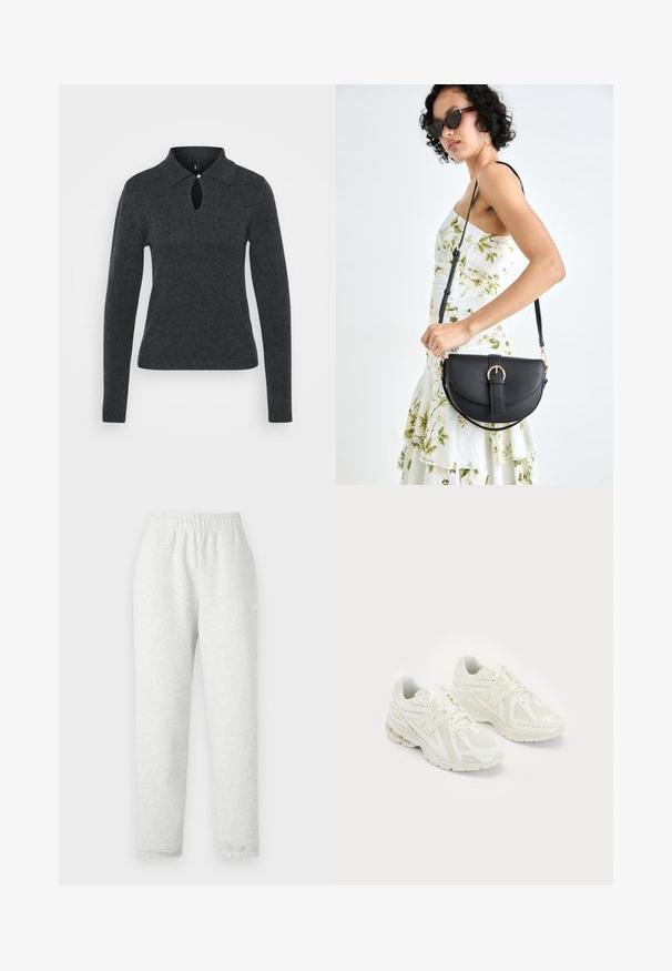 Tumehall vest, millel on krae, pikad varrukad ja aasavahe avanemine kaelaosas, sisaldab väikest nööpdetaili.; Heledad hallhalli, elastselt kohanduv vöökoht, kitsenevad sääred ja soonikservad. Valmistatud pehmest, tekstuuriga kangast. Valge logo detail külgedel.; Valged treeningjalatsid, mis on valmistatud võrgust ja sünteetilistest materjalidest, paeltega disain, pehmendatud krae ja tekstuuriga tallad haardeks. Kerge konstruktsioon.; Mustmust mustraha kõverate joontega, eemaldatava rihmaga ja kuldsete detailidega. Kotil on klapp, millel on pandladetail.