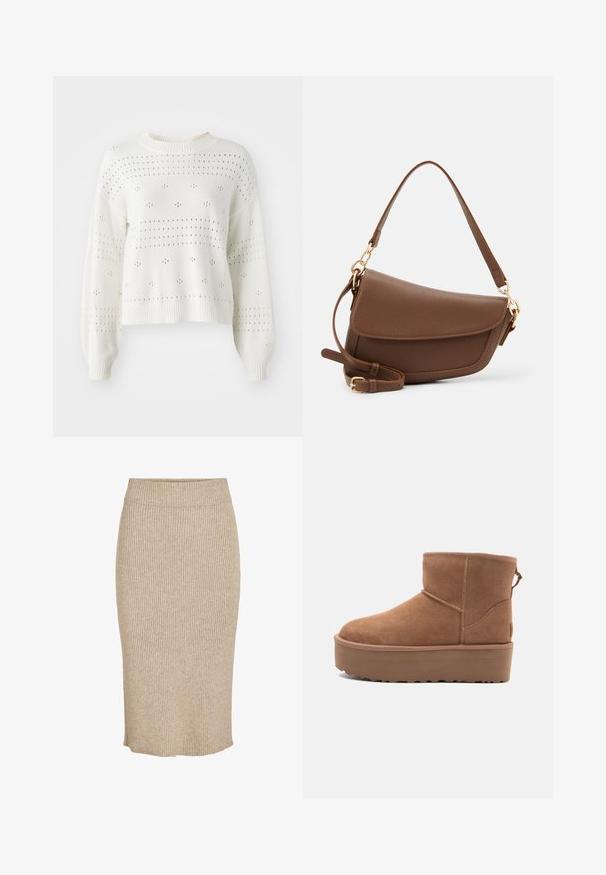White knitted sweater with balloon sleeves, featuring openwork dot and stripe patterns. Ribbed crew neck and hem. Cropped design.; Knit skirt in a light beige color with vertical ribbed texture, knee-length with an elastic waistband and a straight cut.; Tan suede ankle boot with a platform sole, rounded toe, and stitching accents; features a pull tab at the back for easy wear.; Brown leather shoulder bag with a textured finish, curved shape, gold-tone hardware, adjustable strap, and flap closure.
