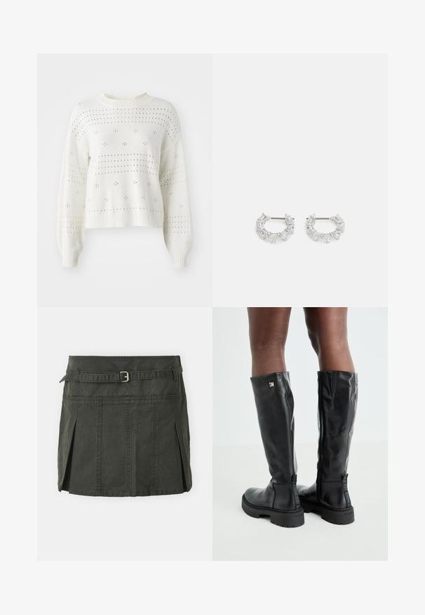 Balts adīts džemperis ar balloon piedurknēm, kas izceļas ar atvērtā darba punktiem un svītru rakstiem. Ribota apaļa kakla un apakšmalas. Saīsināta piegriezne.; Tumši zaļa kokvilnas mini svārki ar pieguļošu jostasvietu, jostu un priekšējiem krokiem. Iekļauj šuvju detaļas un klasisku griezumu.; Melnas ādas zābaki līdz ceļiem ar gludu tekstūru, noapaļotu purngali, masīvu zoli un rāvējslēdzēju. Sānos atrodas sudraba logo.; Sudraba auskari ar apaļām gredzeniem, kuriem ir caurspīdīgi, taisnstūra un trīsstūra formas kristāli, sakārtoti rakstainā dizainā. Ar stiprinājuma tapas drošai fiksēšanai.