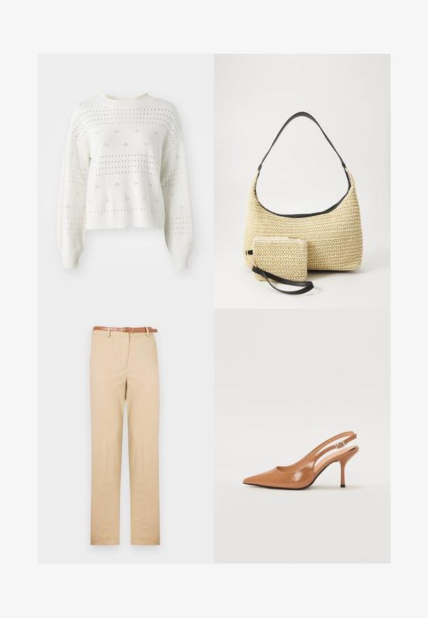 Pulover alb din tricot cu mâneci balloon, având motive de dantelă cu buline și dungi. Guler și margine ribbate. Design scurt.; Chino bej dintr-un material ușor, cu o croială dreaptă, buzunare laterale și o curea din piele maro cu o cataramă rectangulară.; Pantofii cu toc slingback, cu vârful ascuțit, dintr-un material tan neted și strălucitor. Prezintă un design cu decupaj curbat și un toc subțire stil stiletto. Detaliu cu cataramă argintie.; Geantă din paie țesută, cu o siluetă curbată, având o curea din piele neagră netedă și un plic mic asortat, atașat printr-un breloc pentru încheietură.