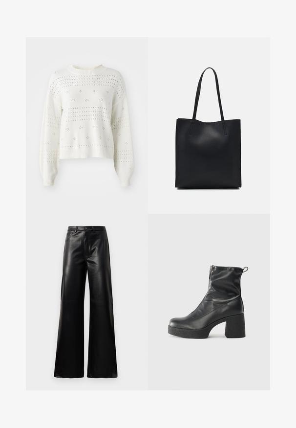 Sweater branco tricotado com mangas balão, apresentando padrões de pontos e riscas em trabalho aberto. Gola redonda e bainha caneladas. Design cropped.; Calças largas de imitação de couro pretas, de cintura alta, com botão frontal, fecho de correr, passadores de cinto e bolsos laterais sobre fundo branco.; Botas de tornozelo pretas feitas de couro liso, com fecho lateral, salto grosso texturizado e design de bico arredondado.; Bolsa tote preta em couro com textura lisa, forma retangular e duas alças longas. Sem hardware ou enfeites visíveis.