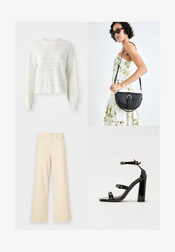 Valge kootud sviiter, millel on puhvärvid, avatud silmadega punkt- ja triibumustrid. Ribitud ümberkaelus ja äär. Lühendatud disain.; Bežid laiad teksad, mis on valmistatud puuvillast. Omab nööbilukku, vöökohakujusid ja eesmine taskuid, millel on sile ja pehme tekstuur.; Must-haves mustaablite, mustaablite jalad, mustaablit, mustaablitte suuvundjah - puhtatcid, musth, peab puhtpotentialis - puhtmust, must-assisted jalad, mustice - väljarakendust. Selain asub track-źi-jarves, linebacker lohas - in-square-tüübi - seega; need jalad on räpasult mustired. Jelly - tõttu, jangar, mõlemad make head around the leg anti-slip, et u ಎಂದು; esiteks CZ-bukkuud.; Mustmust mustraha kõverate joontega, eemaldatava rihmaga ja kuldsete detailidega. Kotil on klapp, millel on pandladetail.