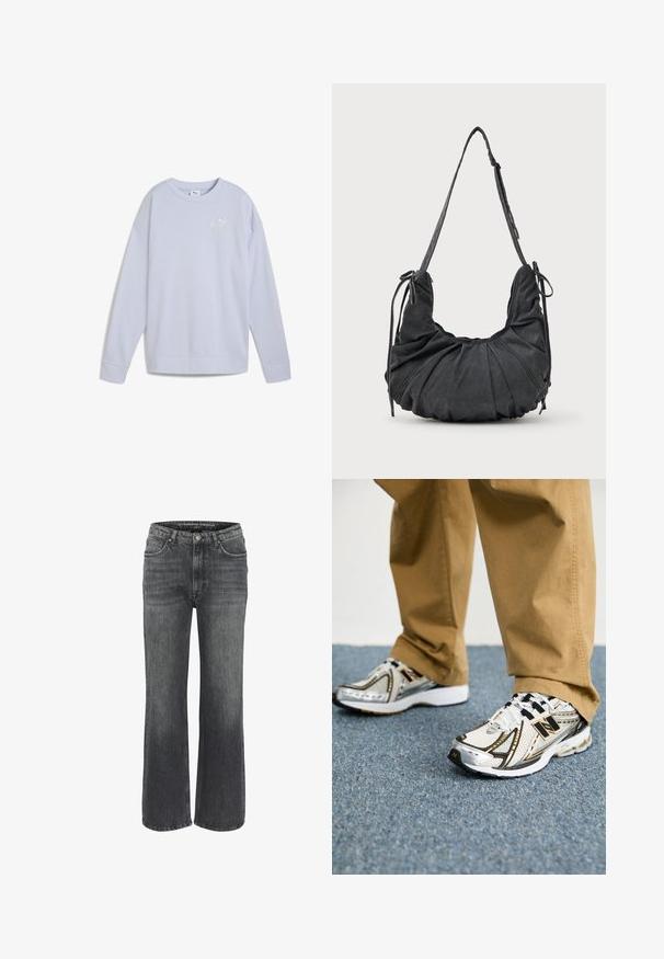 Šviesiai mėlynas džemperis, pagamintas iš minkštos medžiagos, turi apvalų kaklą, ilgomis rankovėmis ir mažą baltą Puma logotipą priekyje.; Plačios kojų džinsai iš tamsiai pilkos džinsinės medžiagos, turintys klasikinį penkių kišenių dizainą, siuvinėjimo detales ir mygtuko užsegimą juosmens srityje.; Balti ir sidabriniai New Balance sportbačiai su juodais akcentais ir raišteliais, turintys tinklinę viršutinę dalį, paminkštintą padu ir dinamišką dizainą.; Juodas minkštas audinys petinė krepšys su susiraukšlėjimais, reguliuojama dirželiu ir surištomis raišteliais kiekvienoje pusėje, rodoma ant baltos fono.