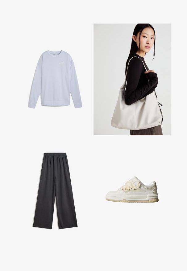 Jasnoniebieski sweter wykonany z miękkiego materiału, z okrągłym dekoltem, długimi rękawami i małym białym logo Puma z przodu.; Czarne spodnie o szerokich nogawkach wykonane z miękkiej tkaniny, z elastycznym pasem i bocznymi kieszeniami. Gładka tekstura bez widocznych wzorów lub akcentów.; Niskie sneakersy w kolorze ecru z fakturowaną cholewką, panelami z siatki i kontrastującą beżową gumową podeszwą. Posiadają grube sznurówki i minimalny branding.; Beżowa torebka wykonana z miękkiego materiału, charakteryzująca się luźnym fasonem, wyszywanymi detalami i dwoma uchwytami na ramię. Idealna na co dzień.