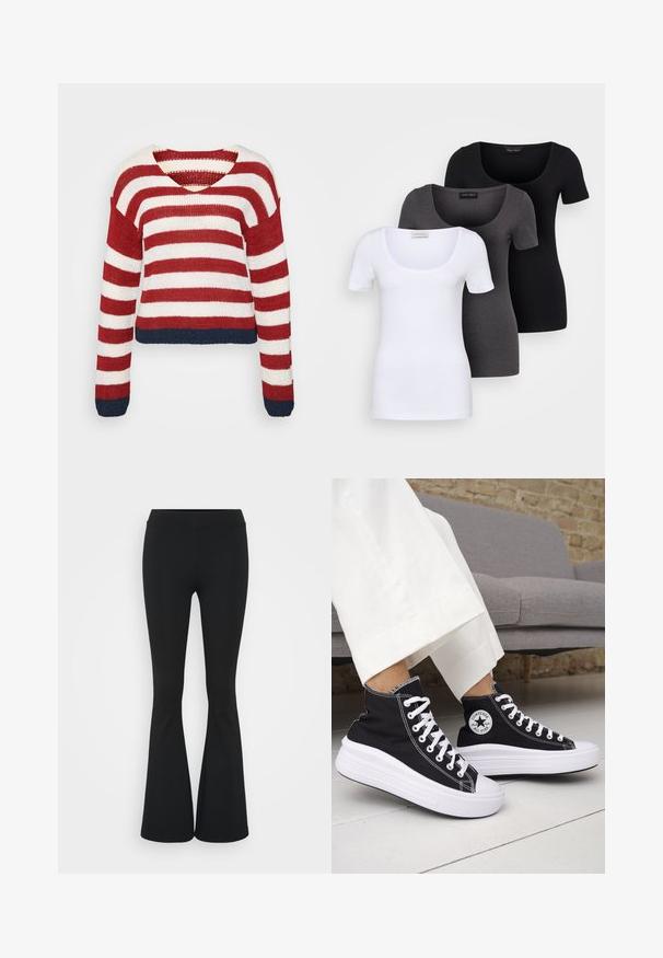 Red and white striped knit sweater with a cropped design and a navy blue hem. Features long sleeves and a wide V-neck.; Three fitted T-shirts in white, gray, and black. Each features a wide scoop neckline and short sleeves. Made from smooth, stretchy fabric.; Black flared pants made of stretchy fabric, featuring a high waistband and a smooth texture. The pants flare out from the knee.; Black high-top sneakers with white rubber soles and laces. Features a round logo patch and contrasting white stitching. Canvas material.