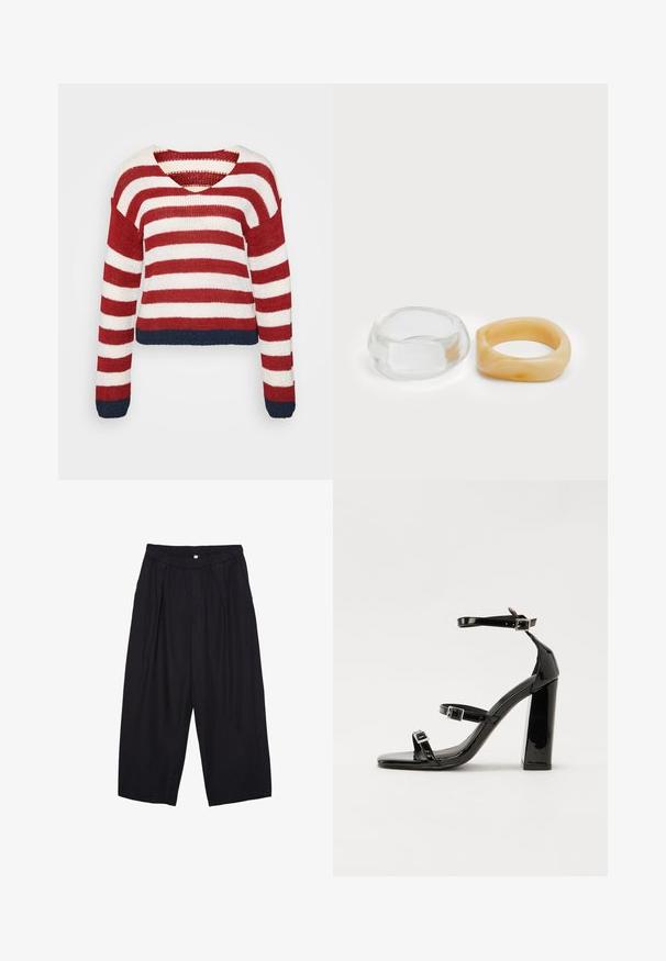 Červeno-biely prúžkovaný pletený sveter s krátkym designom a tmavomodrým lemom. Obsahuje dlhé rukávy a široký výstrih do V.; Čierne polyesterové culotte nohavice s elastickým pásom, dvoma prednými záhybmi a voľným strihom. Žiadne viditeľné vzory ani detaily z kovu.; Čierne lakované sandále na podpätku so štvorcovou špičkou, navlečenými remienkami okolo členku a striebornými prackami. Disponujú masívnym blokovým podpätkom pre stabilitu.; Priehľadné a jantárové prstene z živice, jeden je hladký a priesvitný, druhý má textúrovaný jantárový povrch. Obe sú zaoblené a robustné.