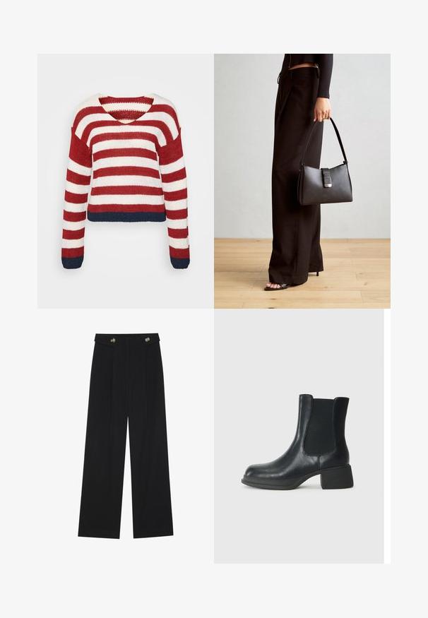 Rød og hvid stribet striktrøje med cropped design og navy blå kant. Har lange ærmer og en bred V-hals.; Sorte vide bukser med høj talje, knapdetaljer på taljebåndet og frontfald.; Sort læder ankelstøvle med elastiske sidepaneler, rund tå og en lav blokhæl. Overfladen har en glat struktur og minimal detaljer.; Sort håndtaske med struktureret form, glat overflade og metalspænde. Sammen med brede sorte bukser og sandaler med åben tå på trægulv.