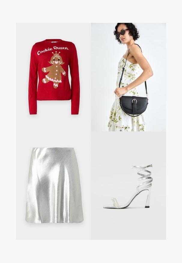 Crvena majica s dizajnom kolačića od medenjaka. Ispod natpisa "Kraljica kolačića", pleteni detalji u smešnim, ružičastim i bijelim bojama. Okrugli izrez, duge rukave.; Srebrnometalna mini suknja s glatkom teksturom i blagim sjajem. Ima široki kroj i jednostavan, uredan rub.; Srebrna sandala na visokoj potpetici s sjajnim dizajnom trake, s akcentom nalik biseru i spiralnom trakicom za gležanj radi sigurnog držanja.; Crna kožna torba s lukovitim oblikom, odvojivim remenom i zlatnim detaljima. Torba ima preklop s kopčom.