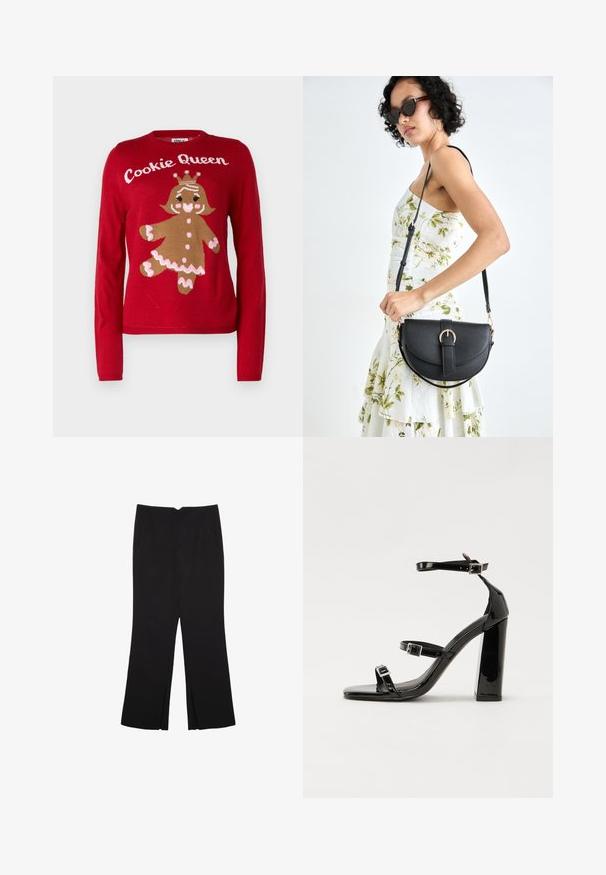 Roter Pullover mit einem Design von Lebkuchenplätzchen. Text "Plätzchen-Königin" darüber, mit gestrickten Details in Braun, Pink und Weiß. Runder Kragen, lange Ärmel.; Schwarze Hose mit geradem Schnitt, ausgestattet mit Fronttaschen und Seitenschlitzen am Saum. Hergestellt aus weichem, glattem Stoff. Geeignet für verschiedene Anlässe.; Schwarze patentierte Sandalen mit Absatz, quadratischer Spitze, Knöchelriemen und silbernen Schnallen. Mit einem stabilen Blockabsatz für mehr Stabilität.; Schwarze Lederhandtasche mit geschwungener Form, abnehmbarem Tragegurt und goldenen Beschlägen. Die Tasche verfügt über einen Deckel mit einer Schnallen-Details.