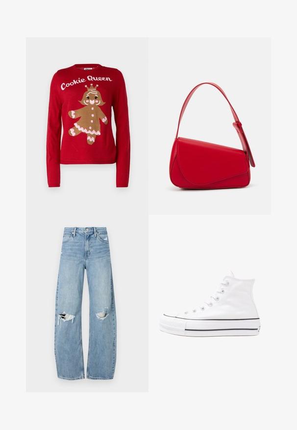 Crvena majica s dizajnom kolačića od medenjaka. Ispod natpisa "Kraljica kolačića", pleteni detalji u smešnim, ružičastim i bijelim bojama. Okrugli izrez, duge rukave.; Svijetloplave, visoko-strukirane traperice. Imaju široke nogavice, dva razderana područja na koljenima i klasičan stil s pet džepova.; Bijela visoka platnena tenisica s crnom gumenom potplatom, prednjim gumenim zaštitnikom prstiju i šest rupa za vezanje, s čistim, minimalističkim dizajnom.; Crvena kožna torba s kutnim, geometrijskim dizajnom. Ima jedan podesivi remen i preklopni zatvarač sa šivenim detaljima.