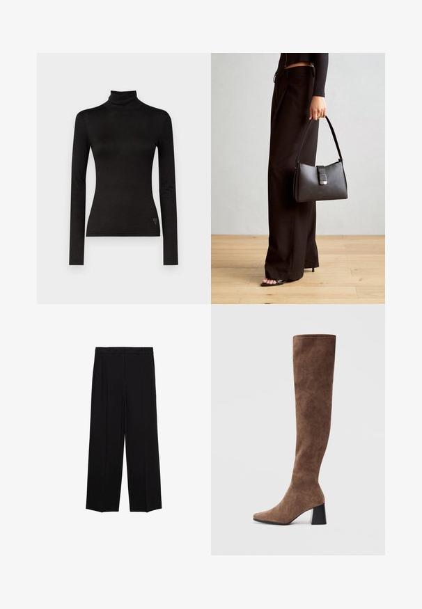 Črna dolgih rokavov turtleneck majica iz gladkega, rastegljivega materiala. Ima oprijet kroj in majhen logotip na robu.; Črne široke hlače iz gladkega materiala, z gubami spredaj in stranskimi žepi, zasnovane v ravnem, sproščenem kroju.; Rjave čizme do kolen, izdelane iz mehkega semiša, z ostrim nosom in masivnim črnim peto. Oblikovanje vključuje brezšivno šivanje za eleganten videz.; Črna torbica z strukturirano obliko, gladko teksturo in kovinskim zaponko. Ujemajo se z širokimi črnimi hlačami in odprtimi sandali na lesenem tleh.