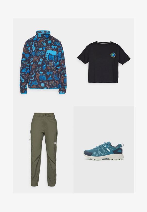 Patagonia SNAP - Fleecepullover - oceans/pitch blue; Schwarzes Baumwoll-T-Shirt mit kurzen Ärmeln, das auf der Brust ein rundes, mehrfarbiges Logo zeigt. Gerader Saum und lockere Passform.; The North Face EXPLORATION PANTS - Outdoor-Hose - new taupe green; Columbia PEAKFREAK™ II OUTDRY™ - Hikingschuh - blue heron/skylight