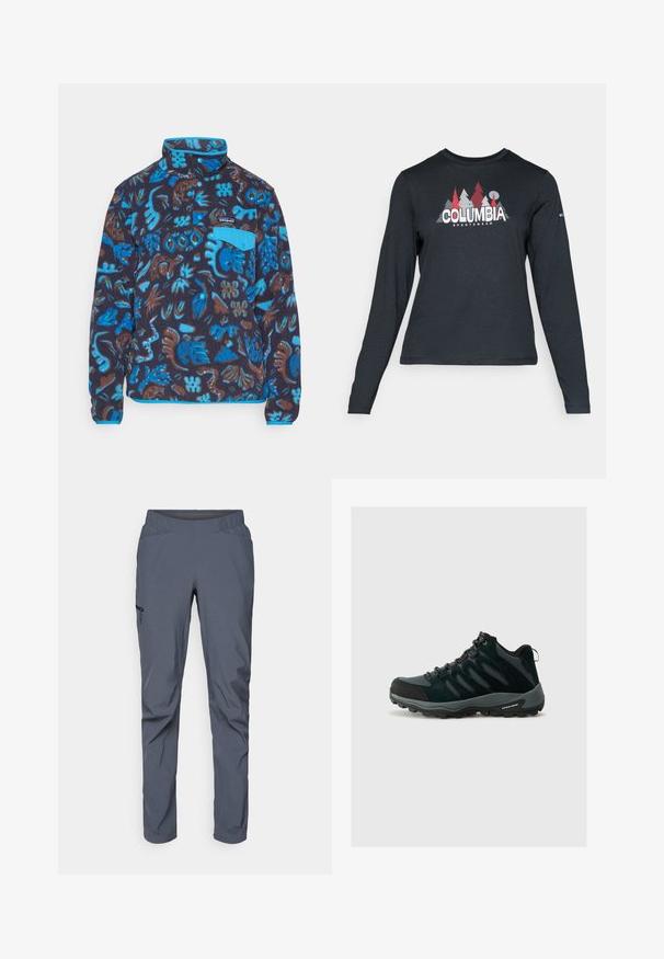 Patagonia SNAP - Felpa in pile - oceans/pitch blue; Maglietta a maniche lunghe grigia scura con una grafica di alberi rossi e montagne; logo "COLUMBIA" in caratteri bianchi in grassetto. Tessuto morbido, scollatura a girocollo standard.; Pantaloni da performance grigi con cintura elasticizzata, due tasche frontali e una tasca laterale con zip. Texture liscia e vestibilità affusolata.; Columbia REDMOND - Scarpa da hiking - black/citron haze