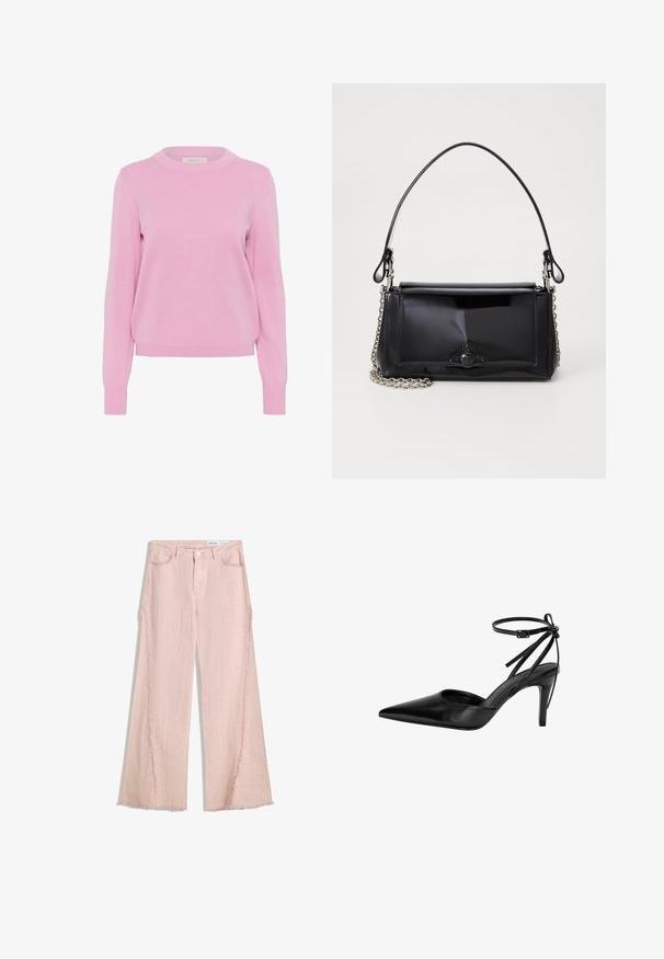 Hellrosa Strickpullover mit Rundhalsausschnitt, langen Ärmeln und gerippten Bündchen und Saum. Verfügt über eine glatte Textur und eine klassische Passform.; Hellrosa weit geschnittene Jeans mit strukturierter Oberfläche, fransigem Saum und Fünf-Taschen-Design. Verfügt über einen Knopfverschluss und Gürtelschlaufen.; Schwarzer spitzer High Heel mit einem ausgeschnittenen Design und verstellbarem Knöchelriemen. Der Schuh hat eine glatte, glänzende Oberfläche und einen schlanken Absatz.; Schwarze Lackleder-Handtasche mit rechteckiger Form, Kettenriemen und einem markanten Hardware-Akzent in der Mitte. Glatte Textur.