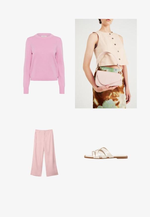 Hellrosa Strickpullover mit Rundhalsausschnitt, langen Ärmeln und gerippten Bündchen und Saum. Verfügt über eine glatte Textur und eine klassische Passform.; Helle rosa, weit geschnittene Hosen aus glattem Stoff. Mit einem strukturierten Bund und geraden, fließenden Beinen, ohne sichtbare Muster oder Beschläge.; Flache Sandalen mit einer honigfarbenen Gummisohle, gestaltet mit drei überlappenden weißen Lederriemen und einem kleinen Schleifendetail in der Mitte.; Rosa Lederhandtasche mit gewölbtem Deckel, einem Schulterriemen und klaren Linien. Die Tasche zeigt eine glatte Textur und ein minimalistisches Design.