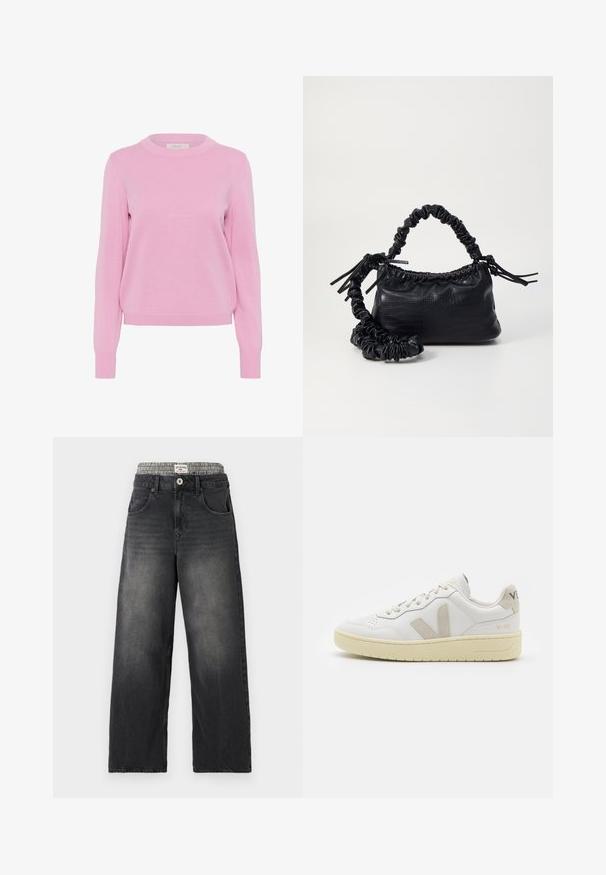 Gaiši rozā adīta džemperis ar apaļu kakla izgriezumu, garām piedurknēm un ribinātu apkakli un apakšmali. Tam ir gluda tekstūra un klasiskā piegriezne.; Melna džinsa platā kāja ar houndstooth raksta jostasvietu. Īpašības ietver priekšējās kabatas un pogu aizdari. Iezīmēta ar nolietotu tekstūru.; Baltas ādas sporta apavu pāris ar bēšiem zamša akcentiem, caurumiņu purngalā, plakanu šņorēšanu un teksturētu krēmkrāsas zoli. Iezīmējas ar diskrētu zīmolu uz papēža.; Melnā mākslīgās ādas rokassoma ar krokodila rakstu, savilkta augšdaļa un saburzīta siksna. Izskatās mīksta un kompakta pēc dizaina.
