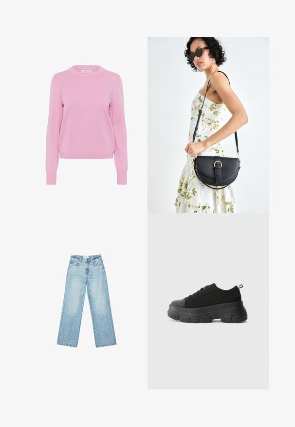 Hellrosa Strickpullover mit Rundhalsausschnitt, langen Ärmeln und gerippten Bündchen und Saum. Verfügt über eine glatte Textur und eine klassische Passform.; Helle blaue Denim-Jeans mit weitem Bein und hoher Taille, im lässigen Look mit einem ausgewaschenen Finish und kleinen, verstreuten Used-Effekten.; Schwarze Sneakers mit einer dicken Gummisohle, strukturiertem Obermaterial, runder Zehenpartie und Schnürdesign. Verfügt über verstärkte Ösen und eine Schlaufe an der Rückseite.; Schwarze Lederhandtasche mit geschwungener Form, abnehmbarem Tragegurt und goldenen Beschlägen. Die Tasche verfügt über einen Deckel mit einer Schnallen-Details.