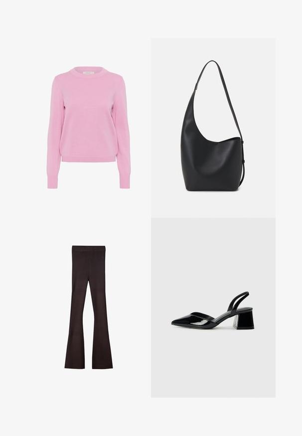 Light pink knit sweater with a round neck, long sleeves, and ribbed cuffs and hem. Features a smooth texture and classic fit.; Bershka Trousers - dark brown; Black patent leather slingback heels with a pointed toe and a geometric block heel. Features a sleek, minimal design and smooth texture.; Black leather hobo bag with a smooth texture, curved shape, and single adjustable strap; features a wide opening at the top.