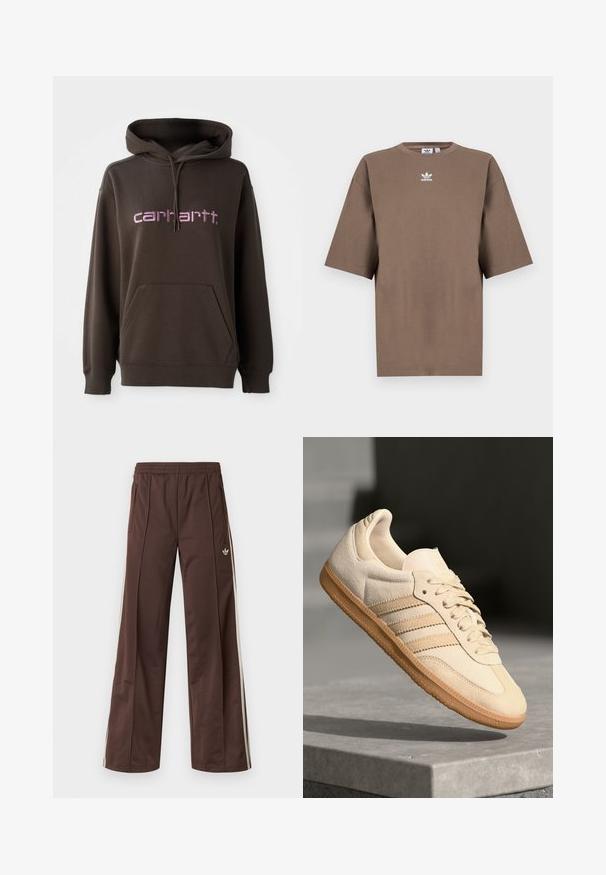 Ruskea huppari, jossa on etutasku ja vaaleanpunainen "Carhartt" -merkkiteksti. Valmistettu pehmeästä kankaasta, jossa on teksturoitu pinta.; Ruskea puuvillapaita lyhyillä hihoilla, pyöreällä kauluksella ja valkoisella Adidas-logolla, joka on keskitetty rintaan. Paidassa on yksinkertainen muotoilu ja rento istuvuus.; Ruskeat urheiluhousut leveillä lahkeilla, valkoisilla sivuraitoja, joustavalla vyötäröllä ja kahdella sivutaskulla. Lahkeessa pieni logo.; Vaalea beige mokkanahkakenkä, jossa on kumipohja, kolme vinoraitaa ja struktuuroitu varvaskappale. Varustettu logolla kielellä ja sivussa.