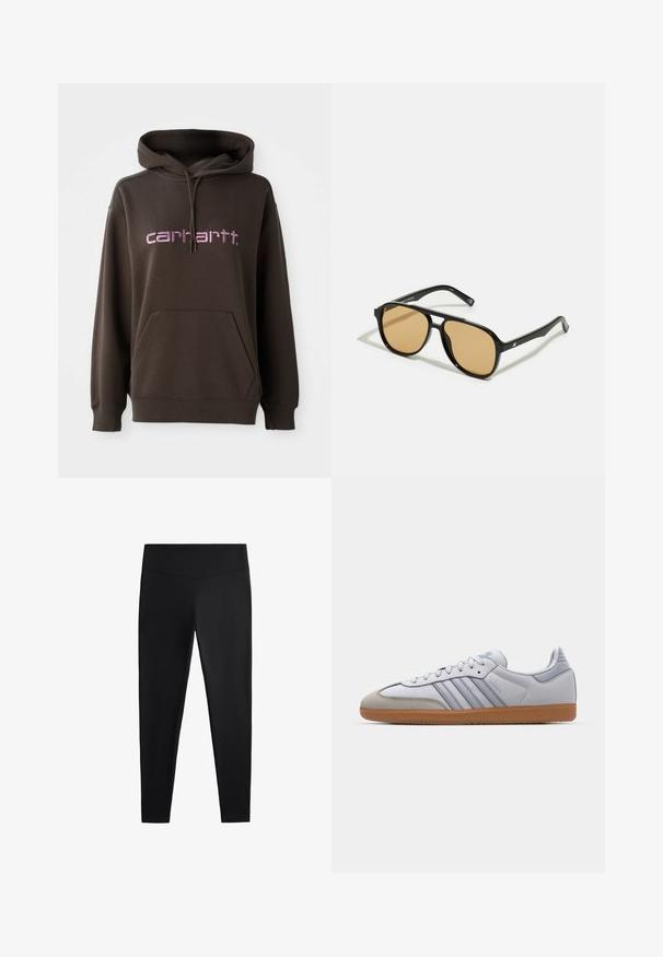 Barna kapucnis pulóver, elöl kenguru zsebből, a "carhartt" márka rózsaszín betűivel. Puha anyagból készült, texturált felülettel.; Fekete leggings sima, rugalmas anyagból. Széles derékpánt és szűkülő lábzárás jellemzi, alkalmas aktív vagy laza viseletre.; Fehér bőr sportcipők világoskék részletekkel, szürke velúr orral és barna gumitalppal. Három kék csíkkal és "Samba" felirattal rendelkezik.; Fekete napszemüveg barna árnyalatú lencsékkel; téglalap alakú, vastag kerettel, a szárakon diszkrét fém részletekkel.