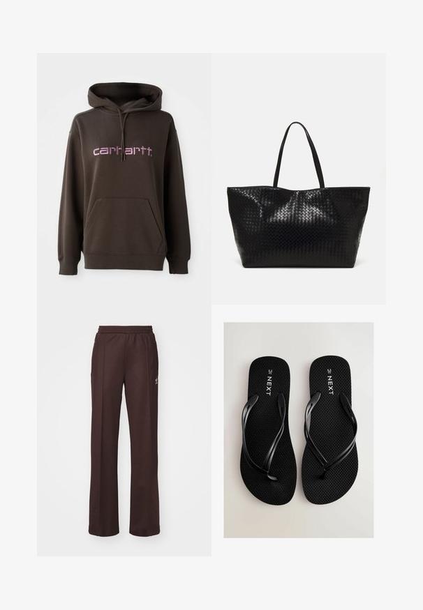 Braun Kapuzenpullover mit einer vorderen Kängurutasche, versehen mit pinkem Schriftzug der Marke "Carhartt". Hergestellt aus weichem Stoff mit strukturierter Oberfläche.; Braune Sporthose mit einem elastischen Bund, zwei Seitentaschen und einem kleinen Logo auf der linken Seite, gefertigt aus weichem Stoff.; Schwarze Flip-Flops mit strukturierten Sohlen und dünnen Riemen. Mit "NEXT"-Markierung und Größenangaben auf dem Fußbett. Schlichtes, flaches Design.; Schwarze geflochtene Tragetasche mit zwei stabilen Griffen, die eine glänzende Textur und ein geräumiges offenes Design bietet.
