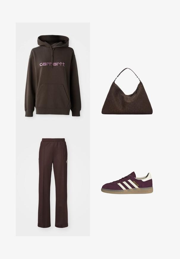 Hnedá mikina s kapucňou a predným klokaním vreckom, na ktorej sa nachádza ružové písmo značky "carhartt". Vyrobená z jemného materiálu s textúrovaným povrchom.; Hnedé športové nohavice s elastickým pásom, dvoma bočnými vreckami a malým logom na ľavej strane, vyrobené z mäkkej látky.; Bordový semišový tenisk s bielymi tromi pruhmi a béžovými akcentmi. Má textúrovanú gumovú podrážku a zlaté logo na boku.; Hnedá tkaná kožená kabelka s voľným, trojuholníkovým tvarom. Má opletenú rúčku a zips na vrchu.