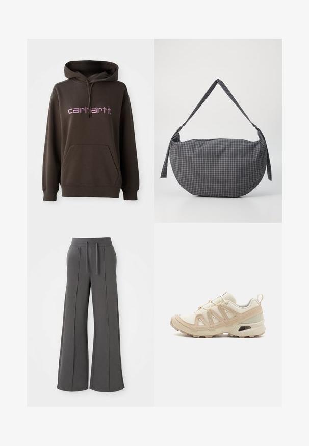 Felpa con cappuccio marrone e tasca a marsupio sul davanti, con lettering rosa del marchio "carhartt". Realizzata in tessuto morbido, con finitura texture.; Pantaloni della tuta larghi grigio scuro con cuciture frontali, vita elasticizzata, cordini, tasche laterali e orli con zip su uno sfondo bianco.; Scarpa atletica beige e crema con tomaia in mesh testurizzato, sovrapposizioni supportive e suola in gomma con un motivo a tasselli per la trazione.; Borsa a spalla in tessuto a quadri grigi, con forma arrotondata, tracolle annodate e chiusura con zip. Texture morbida con un motivo a griglia.