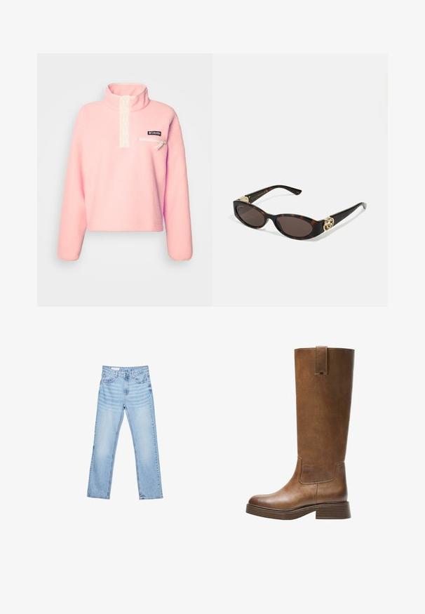 Světle růžový fleecový pulovr s vysokým límcem, řadou knoflíků a zapínací kapsou na hrudi. Na výrobku se nachází černá nášivka s logem Columbia.; Světle modré džíny z denimu se rovnými nohavicemi, designem s pěti kapsami a viditelným šitím. Středně vysoký pas se klasickým zapínáním na knoflík a zip.; Hnědé kožené vysoké boty na kolena s kulatou špičkou, texturovaným povrchem a nízkým patem s podstavcem. Obsahují boční panel a poutko na horní části.; Brýle sluneční s kočičím vzorem, prodloužené oválné čočky, hnědý odstín, zlaté logo na spáncích a elegantní černé nožičky.