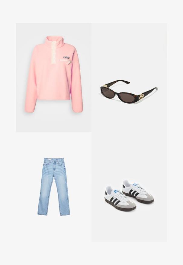 Svetlo roza flis pulover z visokim ovratnikom, gumbi in žepom na prsih z zadrgo. Ima črno oznako Columbia.; Svetlo modri kavbojki s ravnim krojem, petimi žepi in vidnimi šivi. Srednje visok pas z klasik gumbom in zadrgo.; Športni čevlji z belim usnjenim zgornjim delom, sivim semišem na prstih in tremi črnimi črtami. Imajo modro logo na jeziku in teksturiran gumijast podplat.; Kornjačaste sunčane naočale s izduženim ovalnim lećama, smeškim tonovima, zlatnim logotipom na drškama i elegantnim crnim rukohvatima.