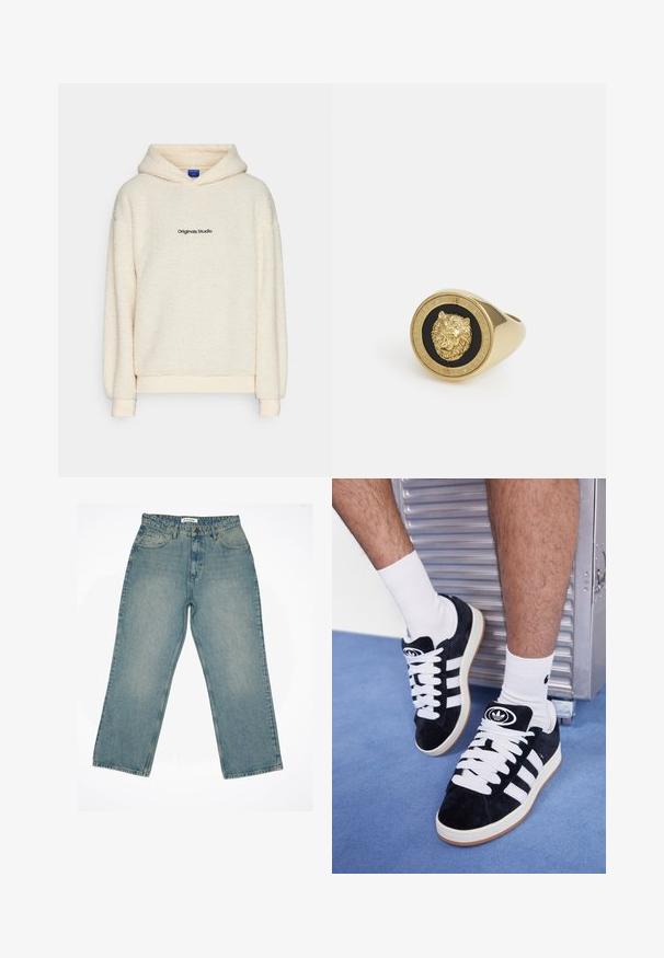 Lys cremefarvet sherpa fleece hættetrøje med "Originals Studio" trykt i sort på brystet, udstyret med lange ærmer og en hætte foran.; Hvid kortærmet t-shirt lavet af blød bomuld. Har en rund halsudskæring og afslappet pasform, med en glat tekstur og rent, uhindret design.; Lyseblå denimjeans med høj talje og vidde i benene. Har forlommer, lynlås og synlige syninger.; Sorte ruskinds sneakers med hvide snørebånd og tre hvide striber. Har et rundt sort logo på tungen og en gummigummisål.; Guldfarvet ring med et hævet løvemotiv på en sort baggrund, indrammet af en cirkulær ring præget med brandnavnet.