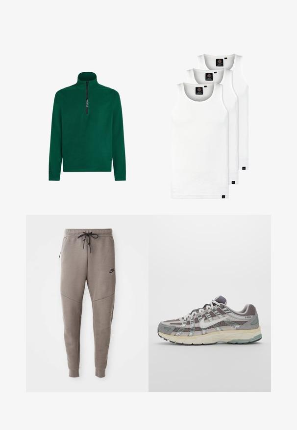 Zaļš vilnas džemperis ar augstu rāvējslēdzēju. Iespējams melns rāvējslēdzējs un melns "Polartec" logs uz piedurknes. Maiga tekstūra.; Trīs baltas ribotas krūšturi, kas izgatavoti no kokvilnas. Iezīmēti ar apaļu kakla izgriezumu un maziem melniem etiķetēm tuvu apakšmalai. Pieejami vairākos izmēros.; Pelēki Nike sporta bikses ar aukliņu viduklī, sašaurinātiem galiem, sānu kabatām un izteiktām šuvēm. Mīksta, teksturēta auduma.; Pelēkie sporta apavi ar tīkla un zamša augšdaļu, baltiem akcentiem, mīkstinātu zoli un izcilu dizainu ar atstarotājiem.