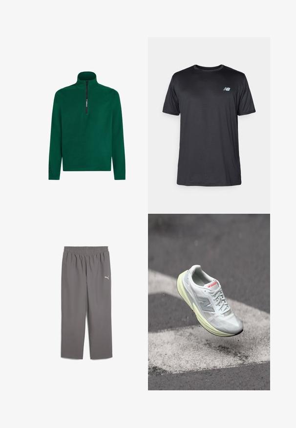 Zaļš vilnas džemperis ar augstu rāvējslēdzēju. Iespējams melns rāvējslēdzējs un melns "Polartec" logs uz piedurknes. Maiga tekstūra.; New Balance Sporta krekli - black; Pelēkas sporta bikses ar elastīgu jostu, izgatavotas no viegla auduma. Kreisajā kājā ir neliels balts logo.; Viegls skriešanas apavs ar baltu tīkla augšdaļu, dzeltenu starpsienu un pelēkiem akcentiem. Iezīmējas ar izteiktu 'N' logotipu un teksturētu virsmu.
