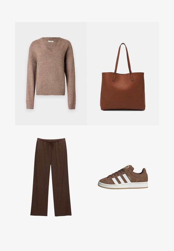 Bruine gebreide trui met een V-hals, lange mouwen, geribbelde boorden en zoom. Het materiaal lijkt zacht te zijn met een licht gestructureerde afwerking.; Bruine wijde broek gemaakt van zachte stof, met een elastische tailleband en een trekkoord, en twee zijzakken.; Bruine suède sneaker met witte leren strepen, rubberen zool, ronde neus en vetersluiting. Kenmerkt zich door een logo op de tong en geperforeerde accenten.; Bruine leren tote bag met een gladde textuur, een ontwerp met een open bovenkant en twee schouderbanden. Kenmerkt zich door minimale stiksels en geen zichtbare hardware.