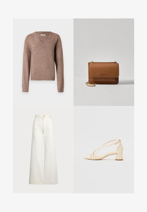 Suéter de punto marrón con cuello en V, mangas largas, puños y dobladillo acanalados. El material parece suave con un acabado ligeramente texturizado.; Jeans de pierna ancha en denim color blanco roto. Diseño de cintura alta con cierre de botón, dos bolsillos frontales y detalles de costura en contraste.; Sandalias de tacón beige con tacón bloque, diseño de tiras y correa ajustable en el tobillo, hechas de material sintético suave con un acabado mate.; Bolso crossbody de cuero texturizado marrón con correa de cadena dorada y cierre de solapa. La parte frontal presenta un detalle de logo y un bolsillo debajo de la solapa.