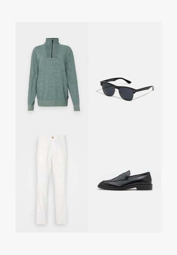 Ilgų rankovių megztinis su tekstūruotu žaliu audiniu ir ketvirčio užtrauktuku aukštame apykaklėje, eksponuojamas ant paprasto fono.; Balti audiniai kelnių su tiesiu kirpimu, turinčiais dvi priekinės kišenes ir mygtukų užsegimą. Sklandus paviršius ir tvarkinga dizaino išvaizda.; Juodos odinės loafers batai su lygiu paviršiumi, turintys apvalią noselę ir siaurą juostelę per viršų. Žemas sluoksnis kulnas.; Juodos saulės akinių su stačiakampiu rėmeliu, tamsiais lęšiais, sidabrinėmis detalėmis šventrajose ir matinio paviršiaus rėmeliu.