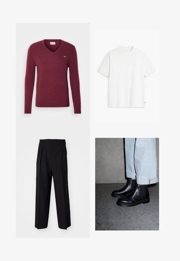 Burgundi V formos megztinis ilgomis rankovėmis, su megzto audinio tekstūra, aptemptas siluetas ir mažas logotipas kairėje krūtinės pusėje. Minkšta medžiaga ir gumuoti rankogaliai.; Balta medvilninė marškinė su trumpomis rankovėmis, apvaliu kaklu ir subtiliu Levi's logotipu viduryje. Minkšta tekstūra ir standartinė išvaizda.; Juodi klostuoti kelnių, su tiesiu, plačiu kojų dizainu. Pagaminti iš lygios medžiagos, su mygtukų uždarymu ir diržo kilputėmis.; Juodi odiniai Chelsea auliniai batai su elastinėmis šoninėmis panelėmis ir tekstūruotu guminiu padu, derinami su šviesiai mėlynomis sukabintomis džinsinėmis kelnių.