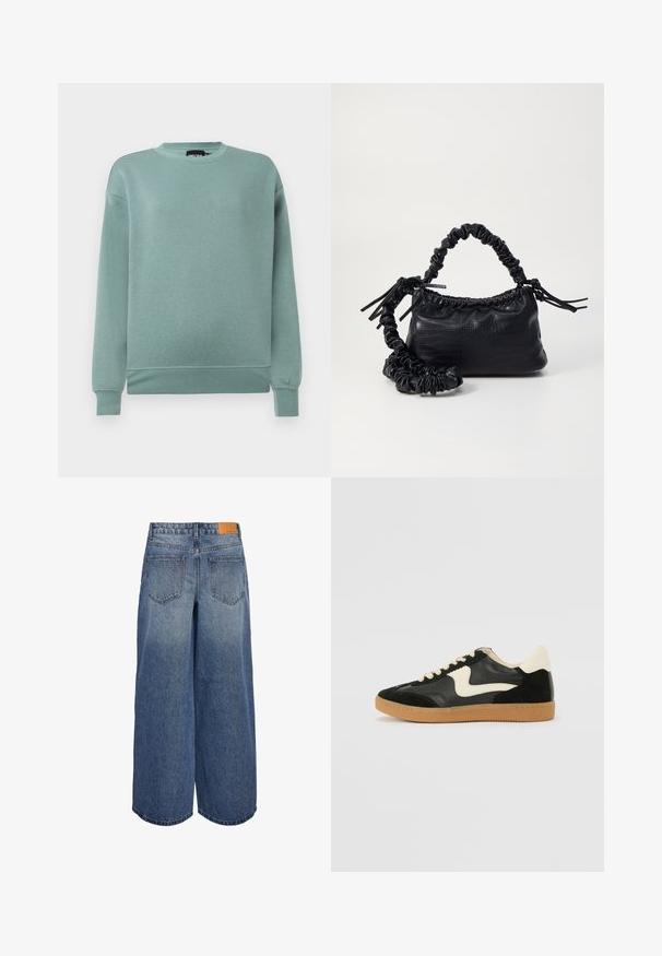 Mentazöld pulóver puha anyagból, kerek nyakkivágással, hosszú ujjakkal bordás mandzsettával és laza szabással.; Széles lábú denim culotte nadrág közepes kék mosással és kopott textúrával, két hátsó zsebbel és barna bőr márkás címkével a derékon.; Fekete velúr és bőr sneaker, krém színű oldalsó swoosh-sal és világos krém színű sarokkal. Beigézett fűzőkkel és gumi talppal rendelkezik.; Fekete műbőr kézi táska krokodil bőr textúrával, összehúzható tetejű és gyűrt pánttal. Lágy és kompakt dizájnúnak tűnik.