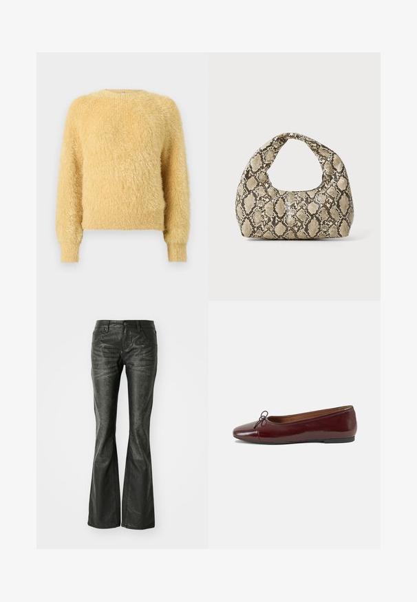 Minkštas, pūkuotas geltonas ilgomis rankovėmis megztinis su raukinėtais rankogaliais ir apykakle, turintis apvalią iškirptę ir purią tekstūrinę megztinę.; Juodos dirbtinės odos flared džinsai su priekinėmis kišenėmis, metaliniu mygtuko uždarymu ir šiek tiek tekstūruota paviršių. Tiesūs džinsai su ilgu kirpimu.; Bordo lakiotos odos baleto bateliai su apvalia nosimi, maža kaspinėlio akcentu priekyje ir žema juoda guma padanga. Lygi tekstūra.; Gyvatės rašto rankinė su kreiviu rankenėle. Pagaminta iš tekstūruotų smėlio ir rudos spalvos medžiagų, su išskirtiniu rombo raštu.