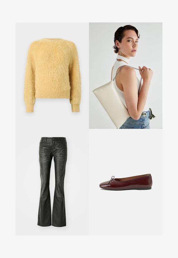 Pull doux et moelleux à manches longues jaune, avec des poignets et un ourlet côtelés, présentant un col rond et un tricot texturé et pelucheux.; Jean flare en simili cuir noir avec poches avant, fermeture à bouton métallique et surface légèrement texturée. Jambe droite avec une coupe longue.; Ballerines en cuir verni bordeaux avec un bout rond, un petit nœud décoratif à l'avant et une semelle en caoutchouc noire basse. Texture lisse.; Pochette rectangulaire blanche en matériau brillant, avec une bandoulière en chaîne argentée. Le modèle pose en mettant en valeur le sac contre un fond uni.