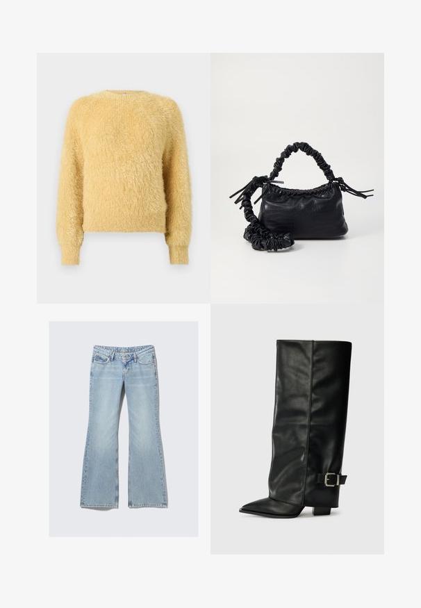 Mjuk, fluffig gul långärmad tröja med ribbade manschetter och nederkant, med en rundad halsringning och en lyxigt texturerad stickning.; Weekday NOVA - Jeans slim fit - lip blue; Svarta läderstövlar i ankellängd med spetsig tå, slät yta och en silverfärgad spänne på sidan. Kraftig fyrkantig klack.; Svart faux läderhandväska med krokodiltextur, snodd topp och en skrämd rem. Ser mjuk och kompakt ut i designen.