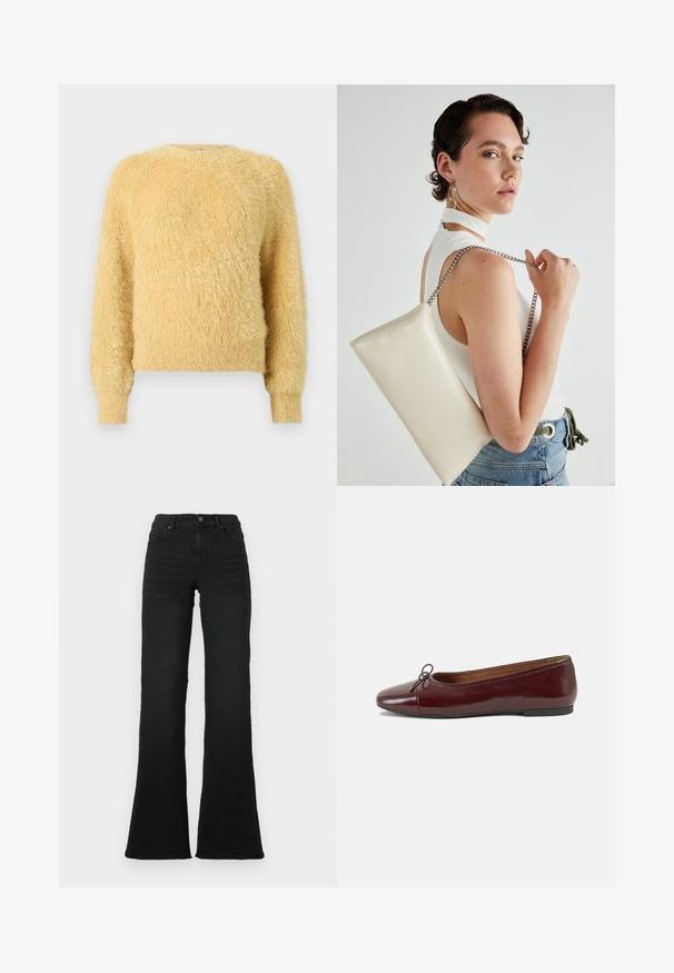 Pull doux et moelleux à manches longues jaune, avec des poignets et un ourlet côtelés, présentant un col rond et un tricot texturé et pelucheux.; Jean noir à taille haute évasée avec poches avant, passants de ceinture et fermeture à bouton sur fond blanc.; Ballerines en cuir verni bordeaux avec un bout rond, un petit nœud décoratif à l'avant et une semelle en caoutchouc noire basse. Texture lisse.; Pochette rectangulaire blanche en matériau brillant, avec une bandoulière en chaîne argentée. Le modèle pose en mettant en valeur le sac contre un fond uni.