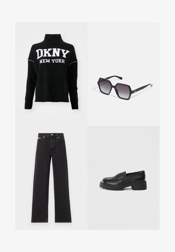 Black knitted sweater with a high ribbed collar and white "DKNY NEW YORK" logo. Features ribbed cuffs and hem, relaxed fit.; Black wide-leg jeans made of denim, featuring a high-rise waist, five-pocket styling, and a metal button closure with contrasting stitching.; Black leather loafers with a textured finish, featuring a rectangular strap across the vamp and a chunky, lug sole design.; Black hexagonal sunglasses with gradient lenses, featuring a glossy finish and subtle branding on the temple. Durable plastic construction.