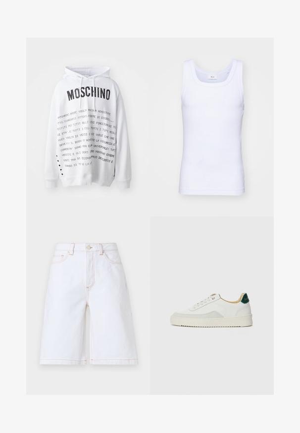 Felpa bianca con cappuccio caratterizzata da un grande logo nero "Moschino" e vari motivi di testo stampati in nero. Include un cappuccio con cordini e fori laterali.; Canottiera bianca in cotone senza maniche con scollatura rotonda, caratterizzata da una texture liscia e una vestibilità aderente, progettata per l'abbigliamento casual.; Bermuda in denim bianco con taglio dritto, cinque tasche e cuciture in contrasto color beige. Include una chiusura con bottone frontale e zip.; Sneaker bianco con accenti in camoscio, punta rotonda, lacci piatti e suola in gomma crema. Presenta un marchio verde sul tallone.