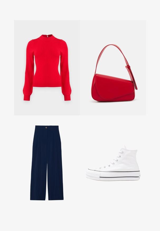 Red ribbed sweater with a high neck, long sleeves, and a button closure at the back. Made from a soft knit fabric.; Floral blouse with long puff sleeves, light cream base, featuring purple, orange, and green floral patterns, and classic collar design.; Navy blue wide-leg trousers made of soft material, featuring front pleats, a button closure, and two side pockets.; White high-top canvas sneaker with black rubber sole, front rubber toe cap, and six eyelets for laces, featuring a clean, minimalist design.; Red leather handbag with an angular, geometric design. Features a single adjustable strap and a flap closure with stitched detailing.