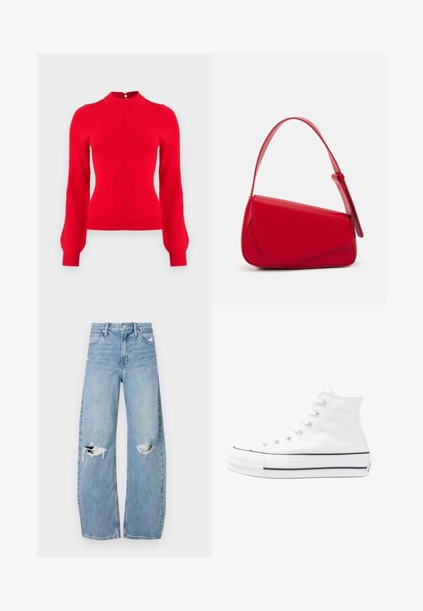 Pull rouge à côtes avec un col haut, des manches longues et une fermeture à bouton à l'arrière. Fabriqué en tissu tricoté doux.; Jeans en denim bleu clair à taille haute. Présentent des jambes larges, deux zones déchirées aux genoux et un style classique à cinq poches.; Baskets montantes en toile blanche avec semelle en caoutchouc noir, capuchon en caoutchouc à l'avant, et six œillets pour les lacets, présentant un design épuré et minimaliste.; Sac à main en cuir rouge avec un design angulaire et géométrique. Il dispose d'une seule sangle ajustable et d'une fermeture à rabat avec un detailing cousu.